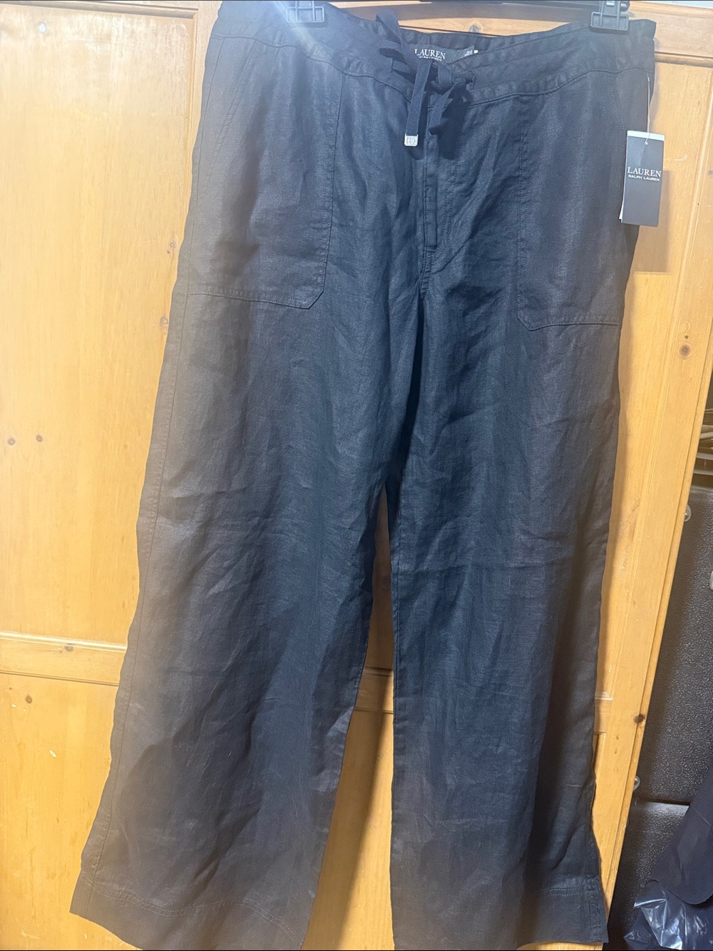 Lauren Ralph Lauren Black Linen Drawstring Wide-Leg Pants